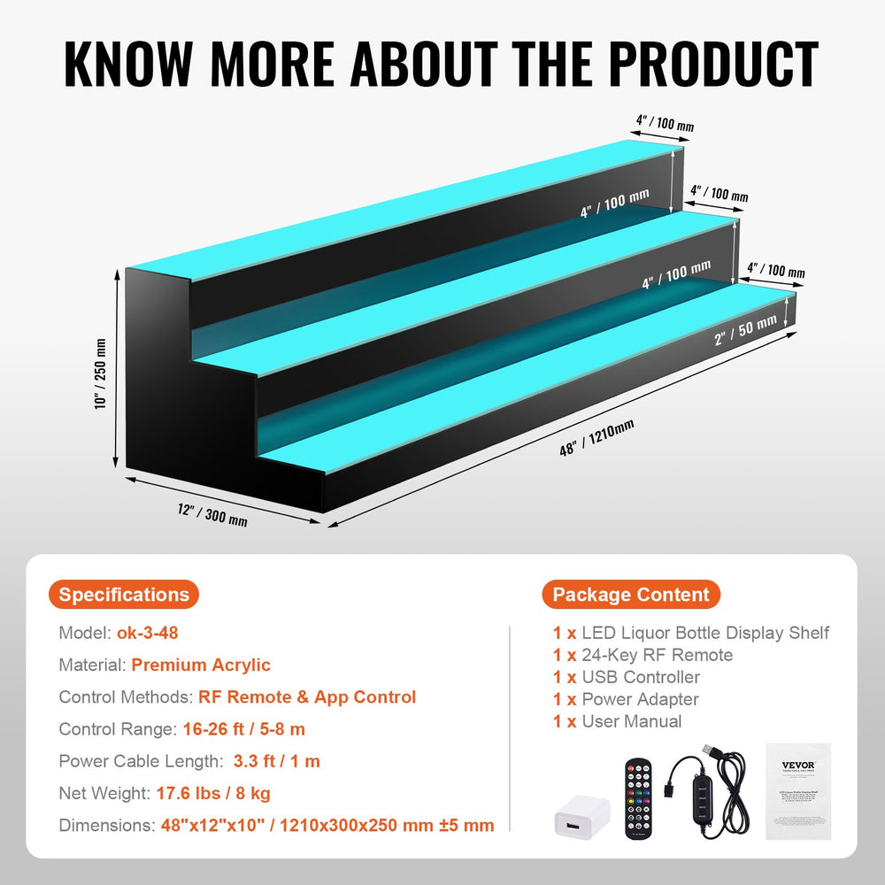 Vevor Lighted Bottle Display LED 48" 3-Step Bar Shelf with App Control New