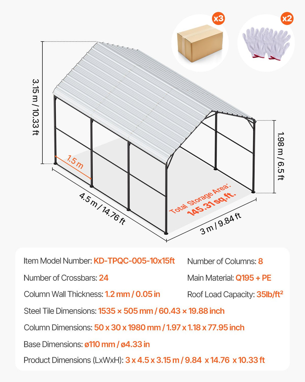 Vevor Metal Carport Heavy Duty Garage Shelter 10 x 15 FT with Removable Sidewall New