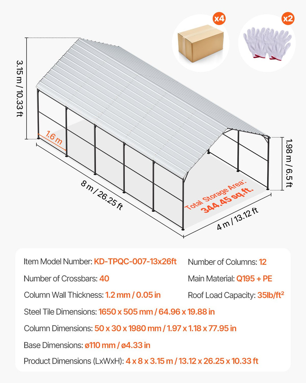 Vevor Metal Carport Heavy Duty Garage Shelter 13 x 26 FT with Removable Sidewall New