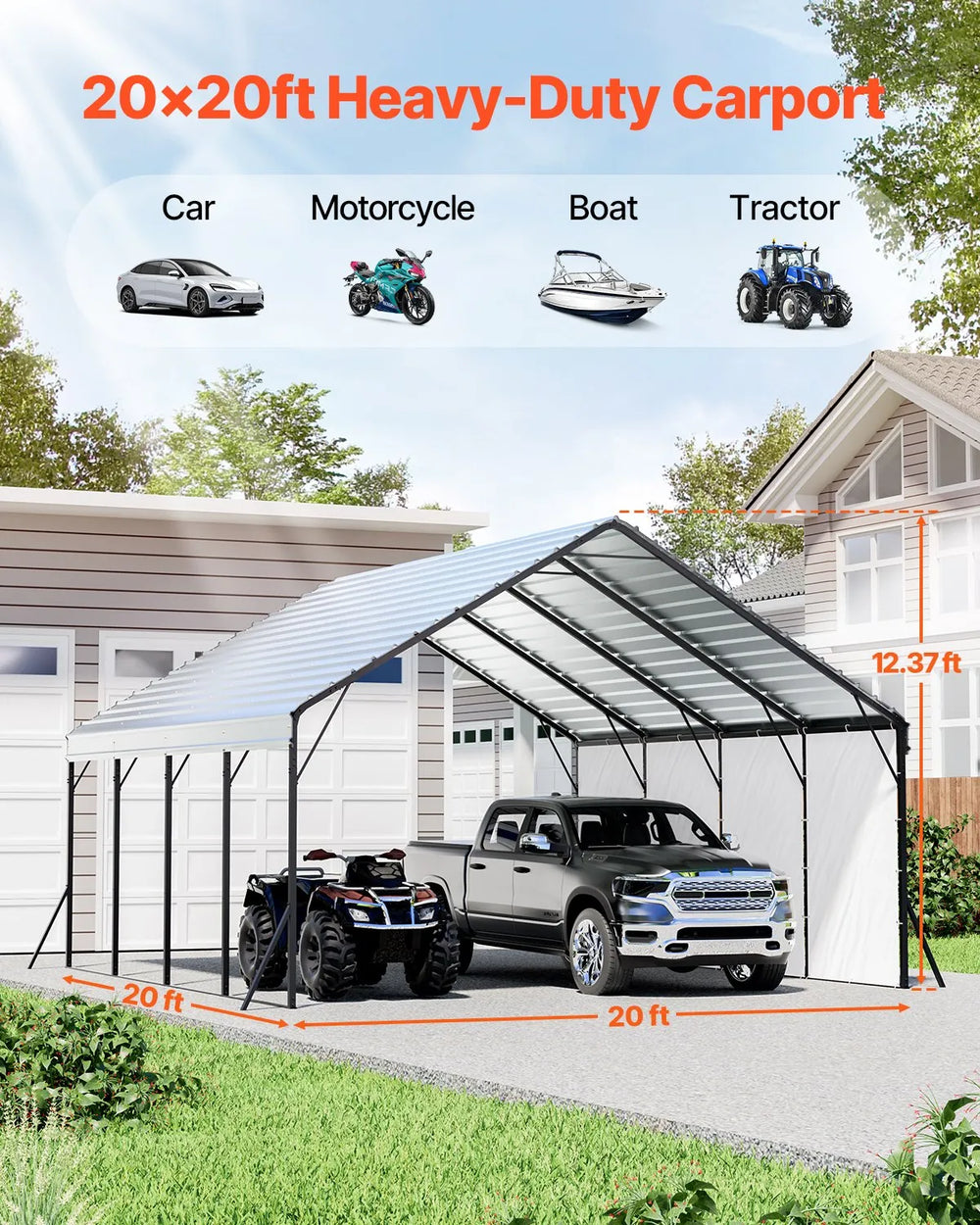 Vevor Metal Carport Heavy Duty Garage Shelter 20 x 20 FT with Removable Sidewalls New