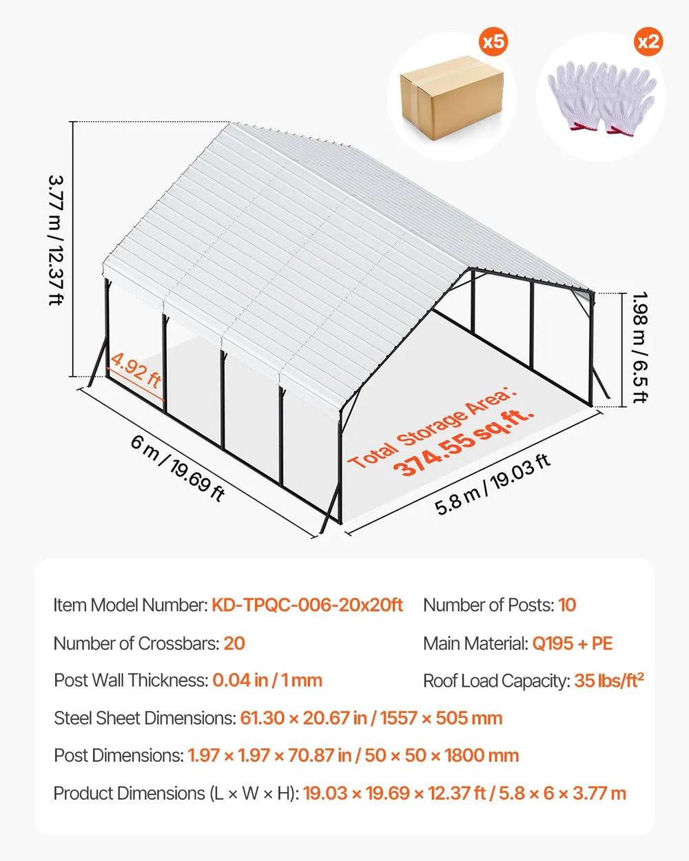 Vevor Metal Carport Heavy Duty Garage Shelter 20 x 20 FT with Removable Sidewalls New