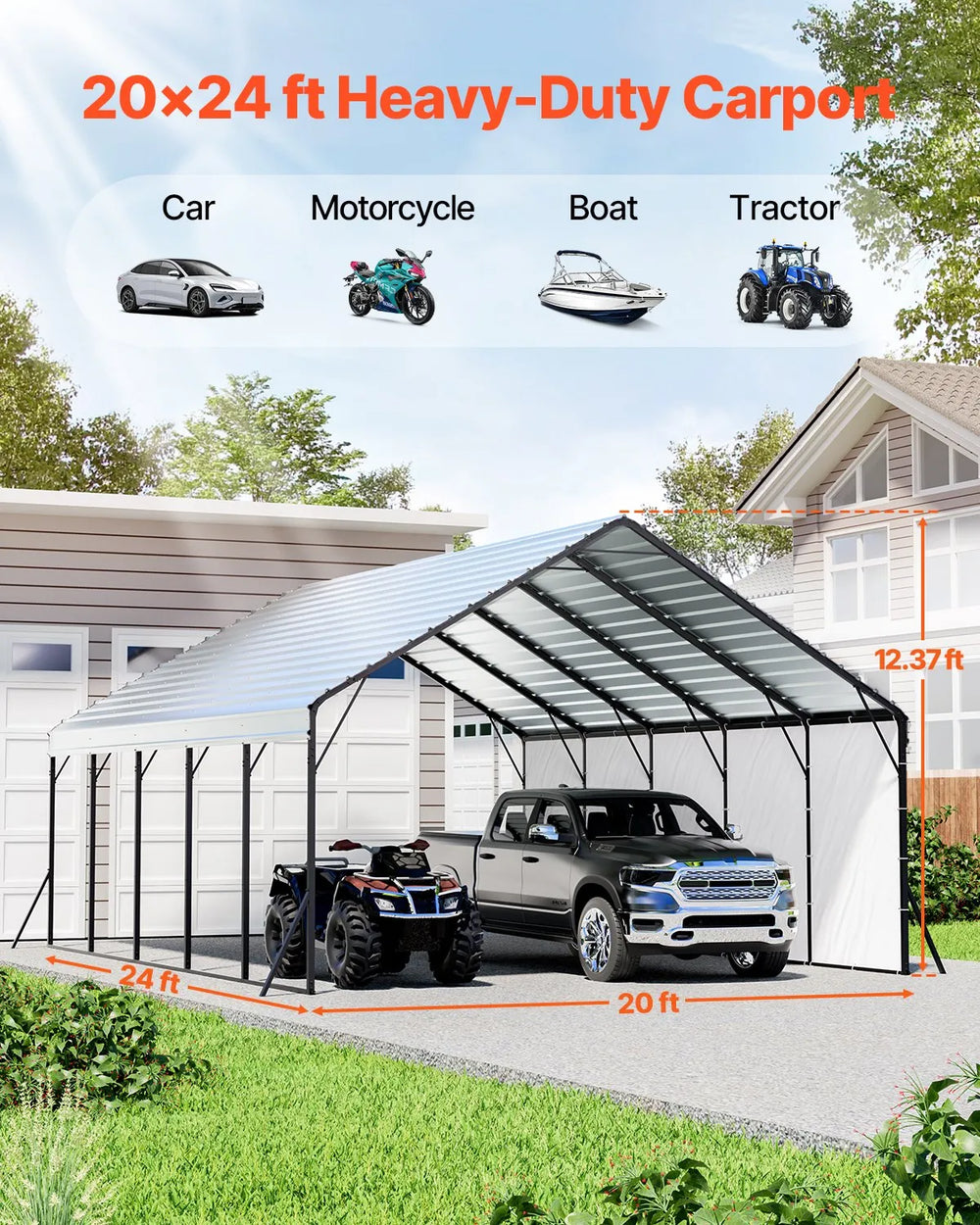 Vevor Metal Carport Heavy Duty Garage Shelter 20 x 24 FT with Removable Sidewalls New