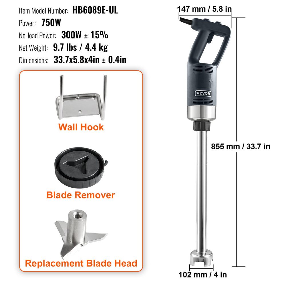 Vevor Commercial Immersion Blender 750W 20" Variable Speed Hand Mixer New