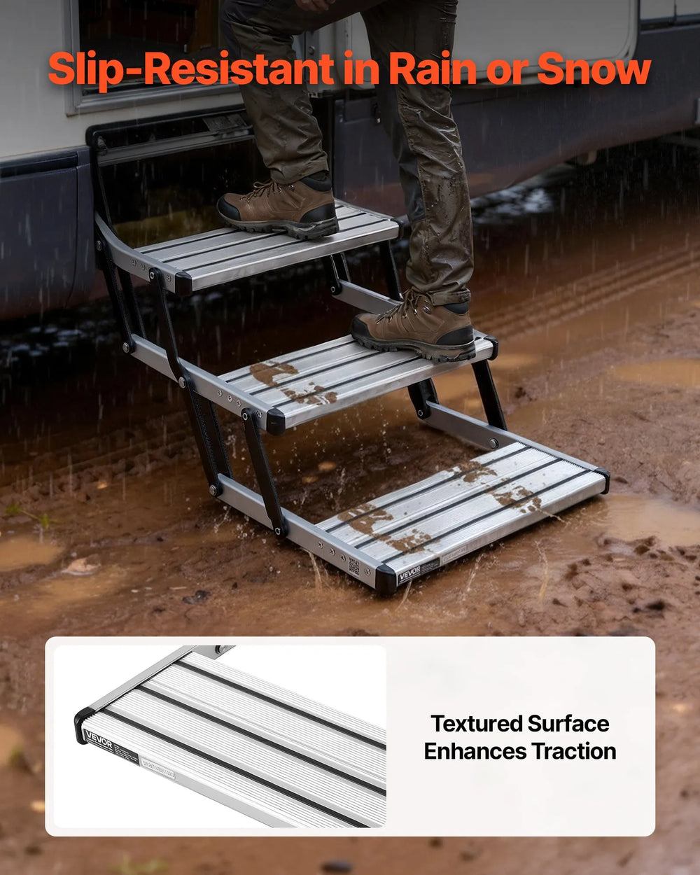 Vevor RV Stairs 3-Step Manual Retractable Non-Slip 440 lb. Capacity New