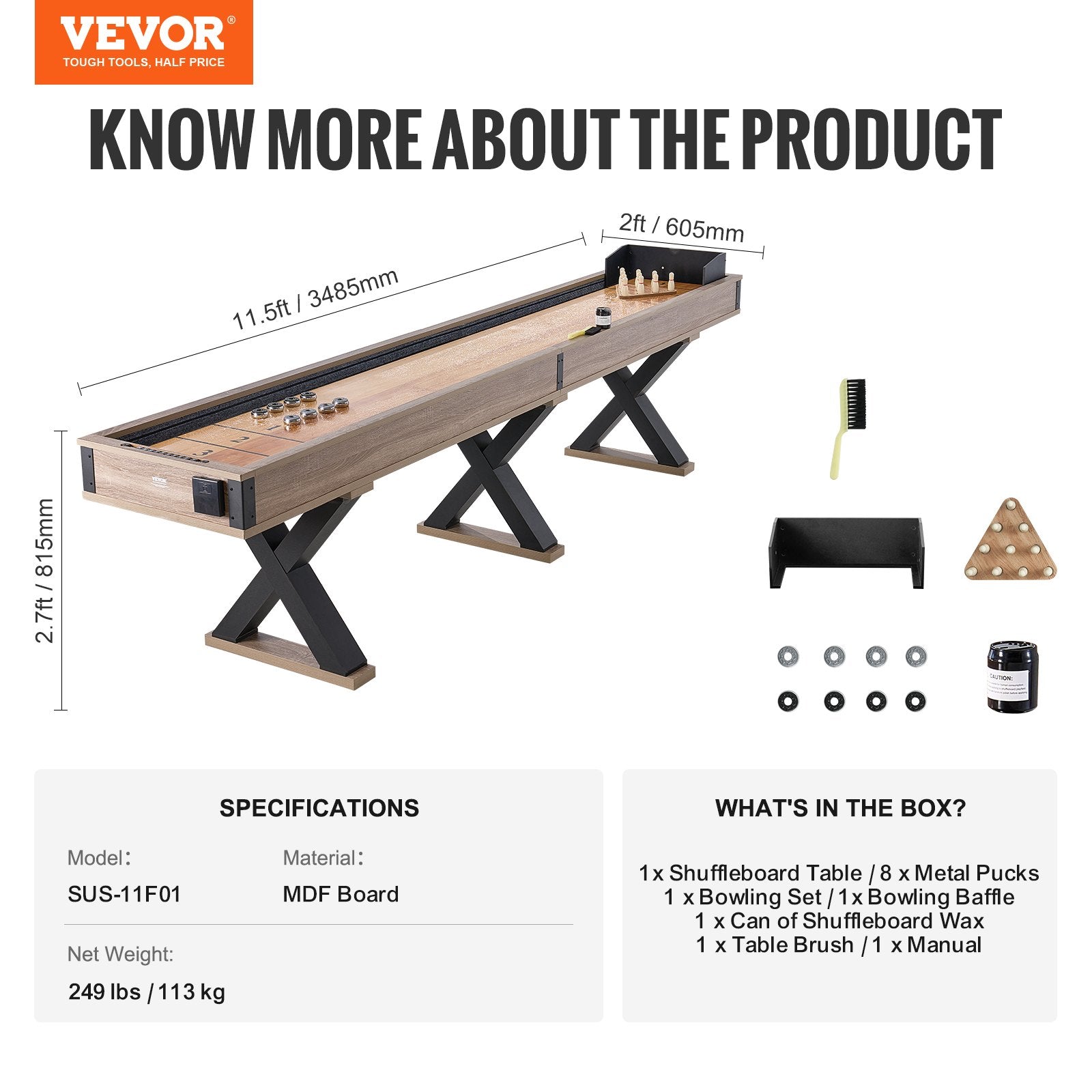 Vevor Shuffleboard Table 2 in 1 Bowling Combo Game Set 11.5