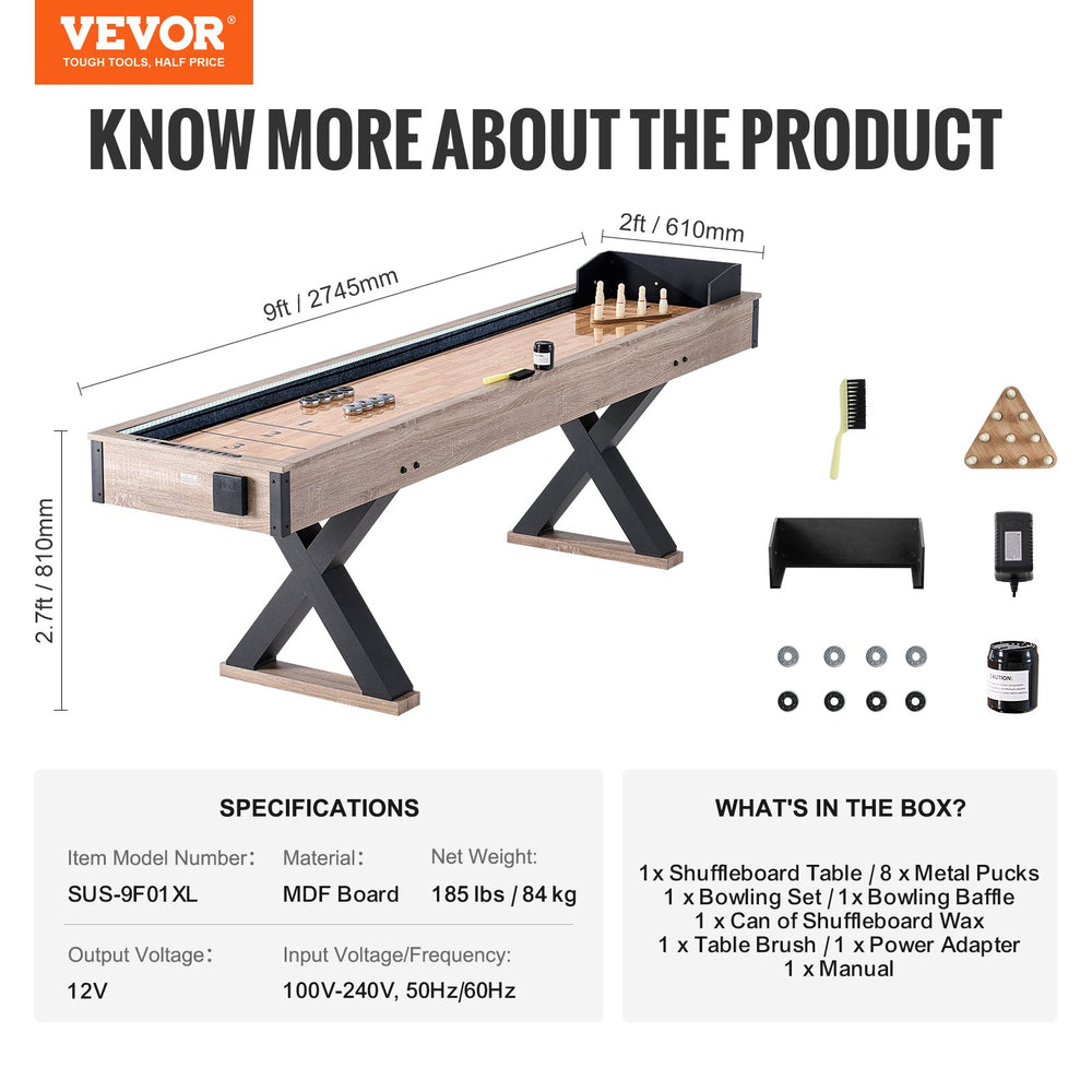 Vevor Shuffleboard Table with LED 2 in 1 Bowling Combo Game Set 9' New