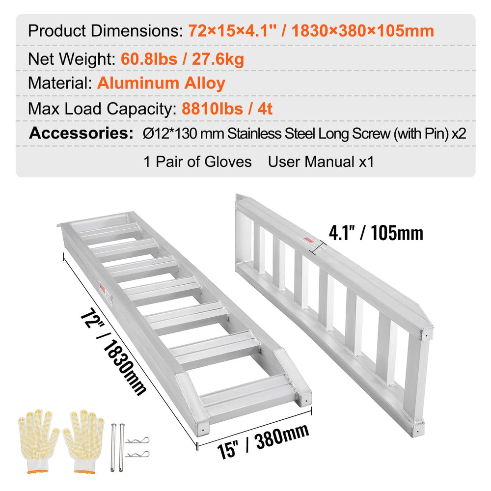 Vevor Aluminum Loading Ramps 8,810 Lbs Load Capacity with Top Hook Attaching End New