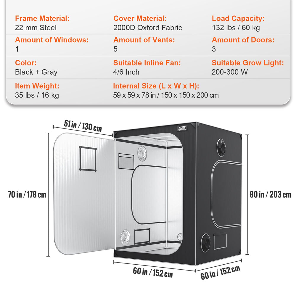 Vevor Grow Tent 5' x 5' High Reflective 2000D Mylar with Observation Window New
