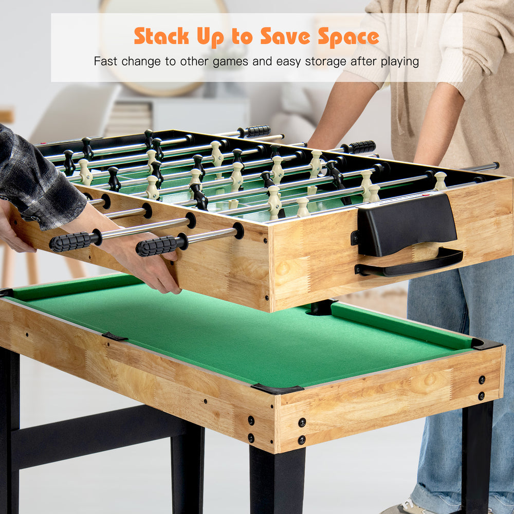 10-in-1 multi combo game table set showing stacked design for easy game switching and space-saving storage.