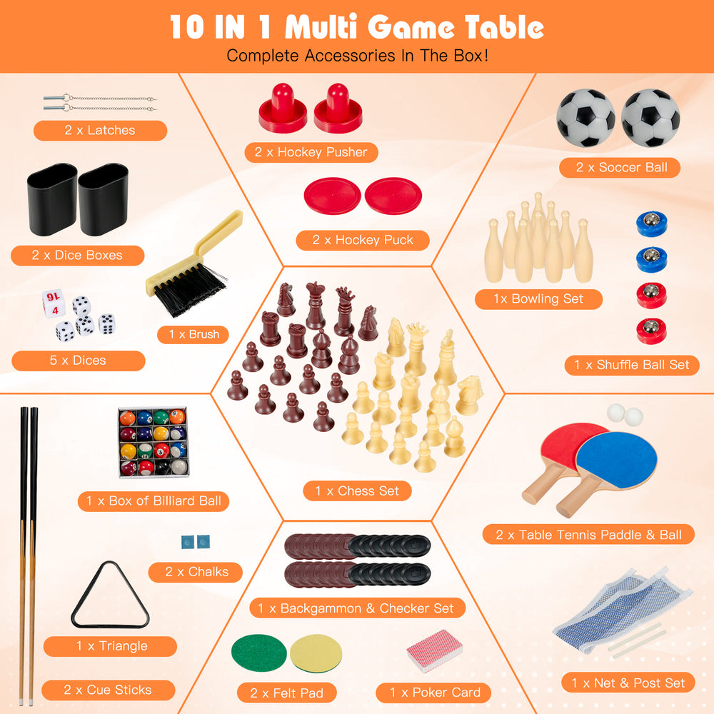 10-in-1 multi-game table set with accessories for foosball, bowling, and more, perfect for family fun at home.