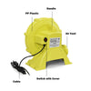 Yellow 735 W air blower pump fan with handle, switch cover, and air vent for inflatable bounce house inflation.