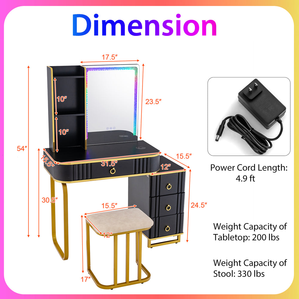 Costway Vanity Table Set with RGB LED Lights and Wireless Charging Station New