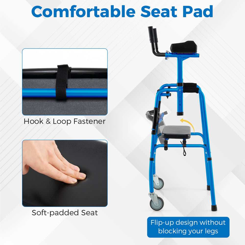 Soft-padded seat cushion with flip-up design on a navy versatile rolling walker for rehabilitation training.