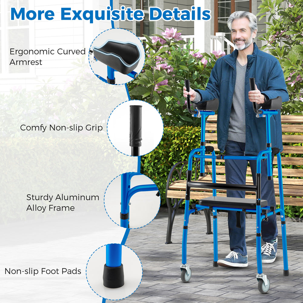 Versatile rolling walker in navy with ergonomic armrests, adjustable height, and foldable design for easy transport.