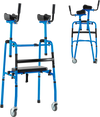 Versatile rolling walker in navy with adjustable armrests, foldable design, and padded seat for rehabilitation training.