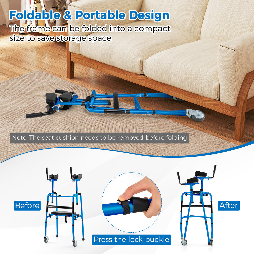 Versatile rolling walker in navy with foldable design, adjustable height, and soft-padded seat for rehabilitation use.