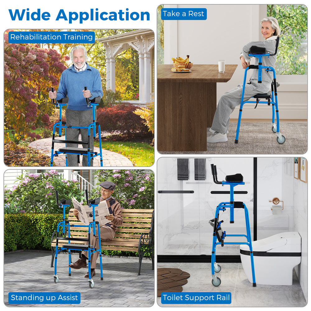 Versatile rolling walker in navy with adjustable height, ergonomic armrests, and soft-padded seat for rehabilitation.