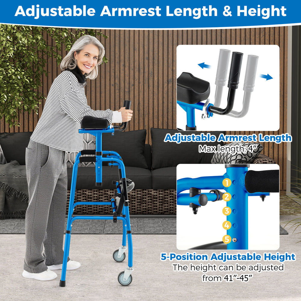 Versatile rolling walker with adjustable armrest length and height, designed for rehabilitation and outdoor use.