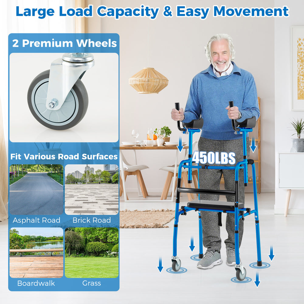 Navy rolling walker with adjustable height, soft-padded seat, and universal wheels for smooth movement on various.