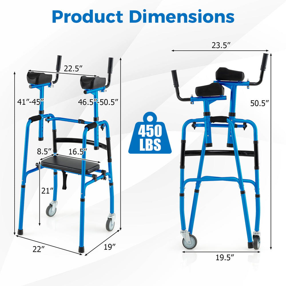 Dimensions of the Versatile Rolling Walker in navy, featuring adjustable height and foldable design for easy transport.