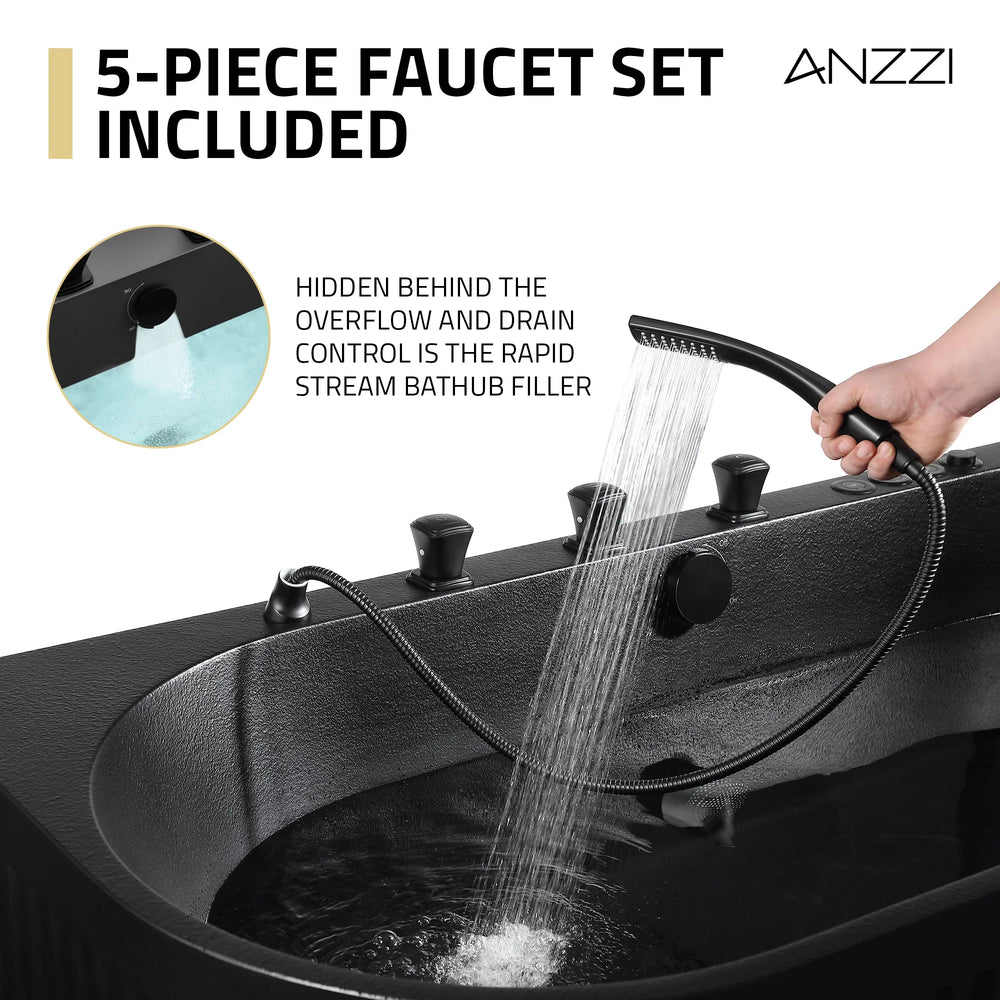 Anzzi Stone Belle Bathtub 67 x 32 in. Flat Bottom Freestanding with Massage Jets and Lights New