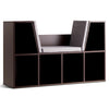 Cushioned reading nook with 6 cubbies for storage, made of durable particle board in brown, ideal for kids' rooms.