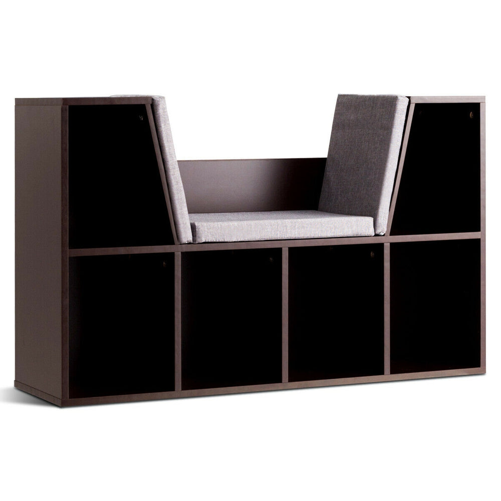 Cushioned reading nook with 6 cubbies for storage, made of durable particle board in brown, ideal for kids' rooms.