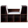 Cushioned reading nook with 6 cubbies in brown, made of durable particle board for kids' storage and seating.