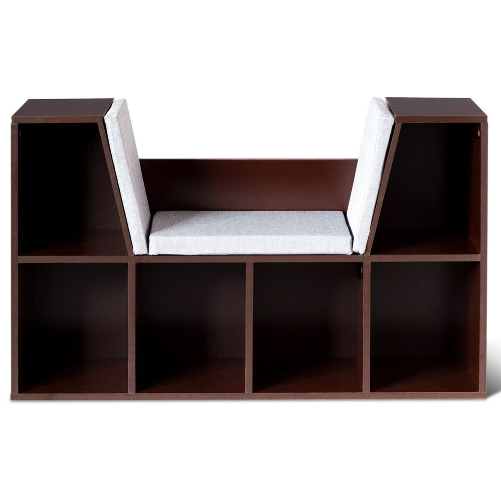 Cushioned reading nook with 6 cubbies in brown, made of durable particle board for kids' storage and seating.
