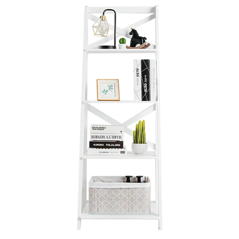 4-tier white leaning ladder shelf bookcase made of MDF, featuring modern A-shaped design for home or office storage.