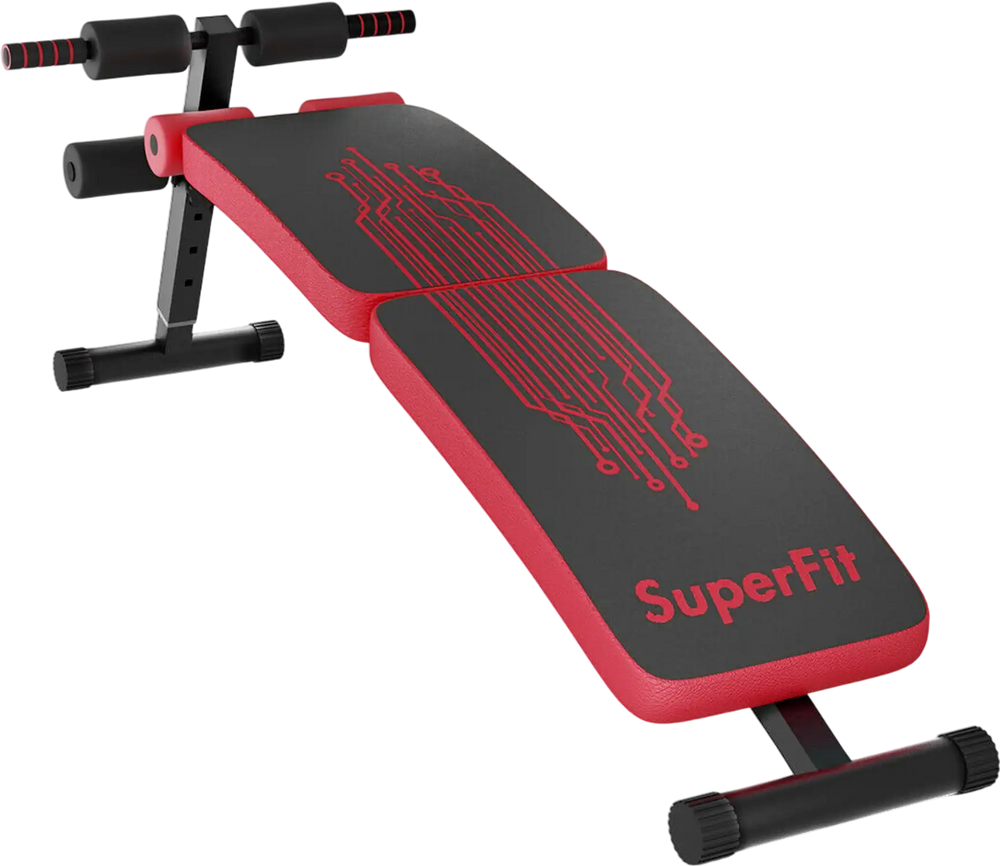 Adjustable red abdominal twister trainer bench for home or gym, targeting upper and lower abs, with foam rollers.