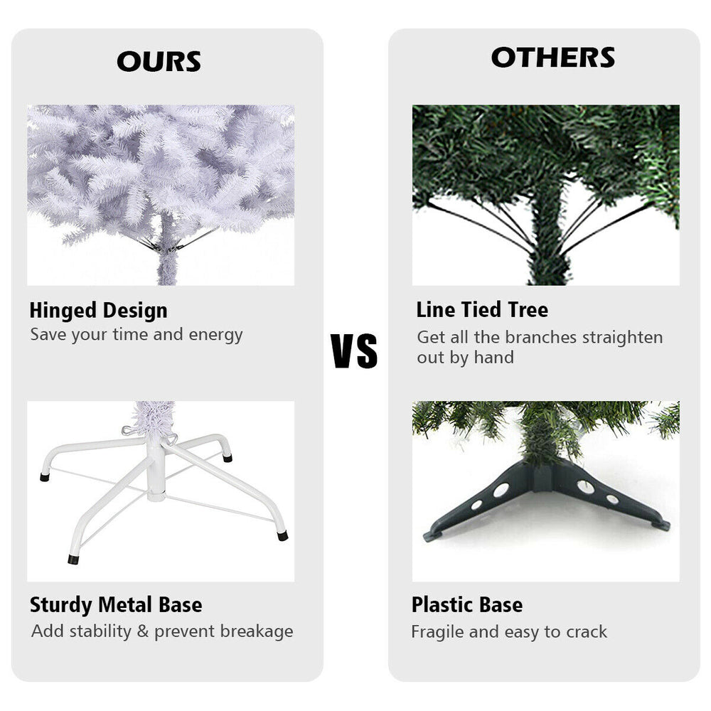 Comparison of a 7.5 ft hinged artificial Christmas tree with a sturdy metal base versus a plastic base tree.
