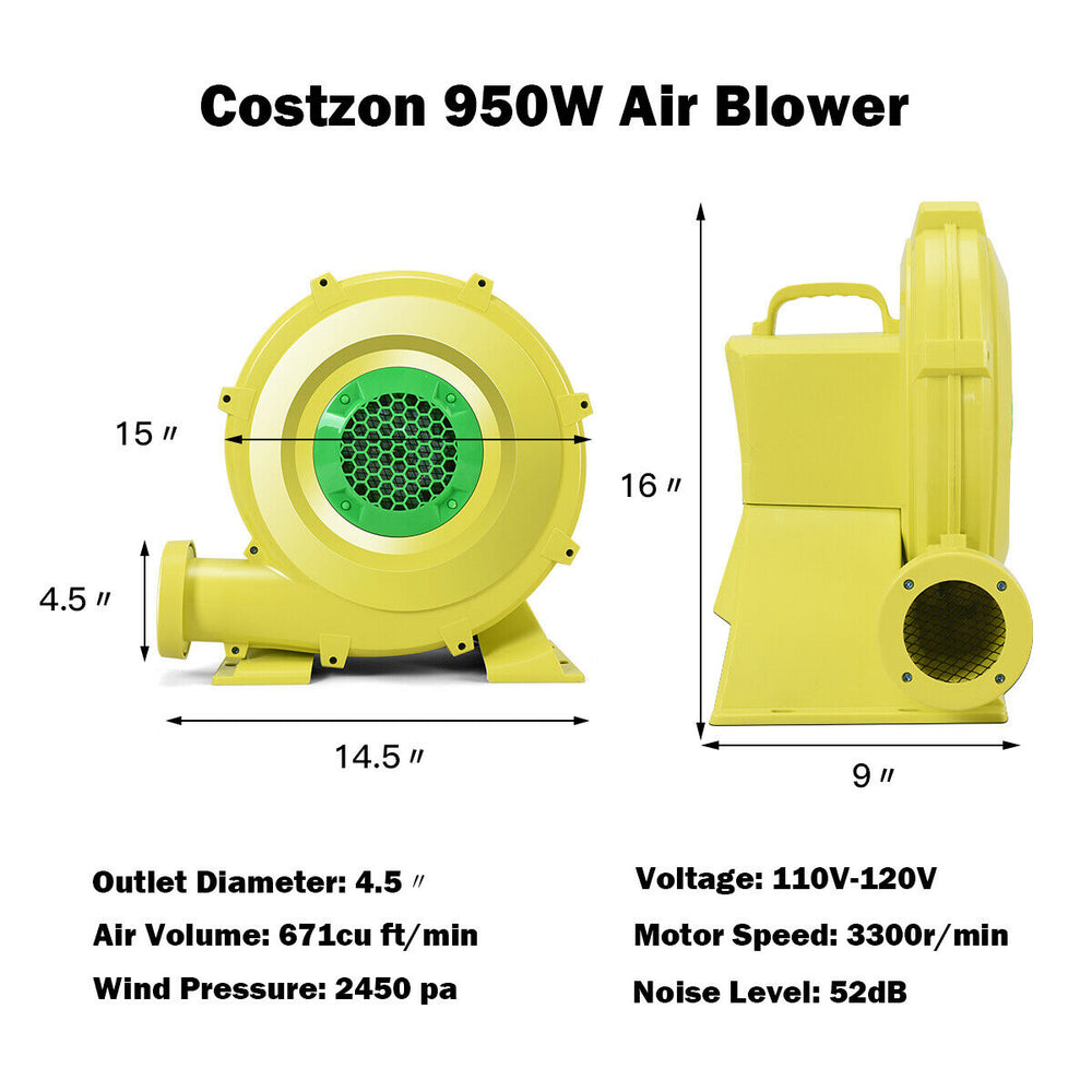950W air blower with 4.5" outlet, designed for inflatable bounce houses, featuring a top-mounted handle for easy.