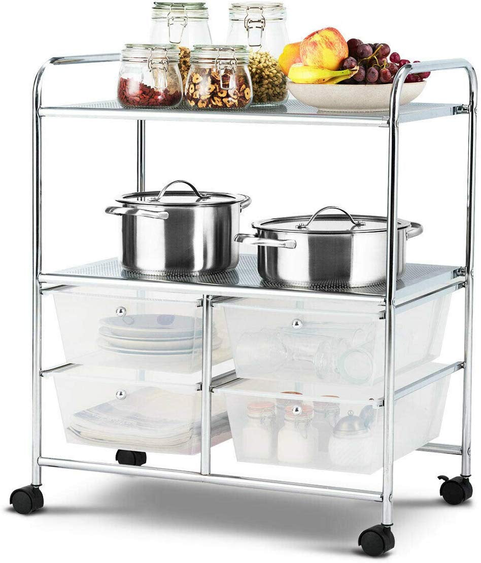 Rolling storage cart with 4 big drawers and 2 metal mesh shelves, ideal for kitchen or office organization.