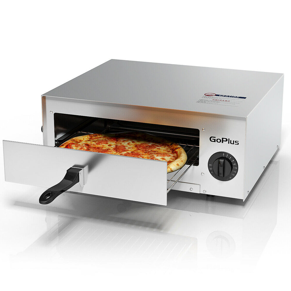 Stainless steel GoPlus commercial pizza oven with a 12" pizza, chrome wire rack, and built-in temperature control.