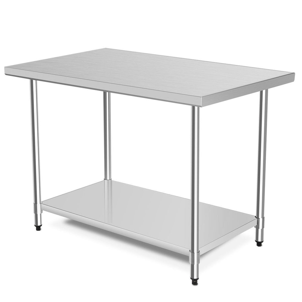 Stainless steel worktable measuring 30 x 48 inches with adjustable shelf, ideal for commercial or home kitchen use.