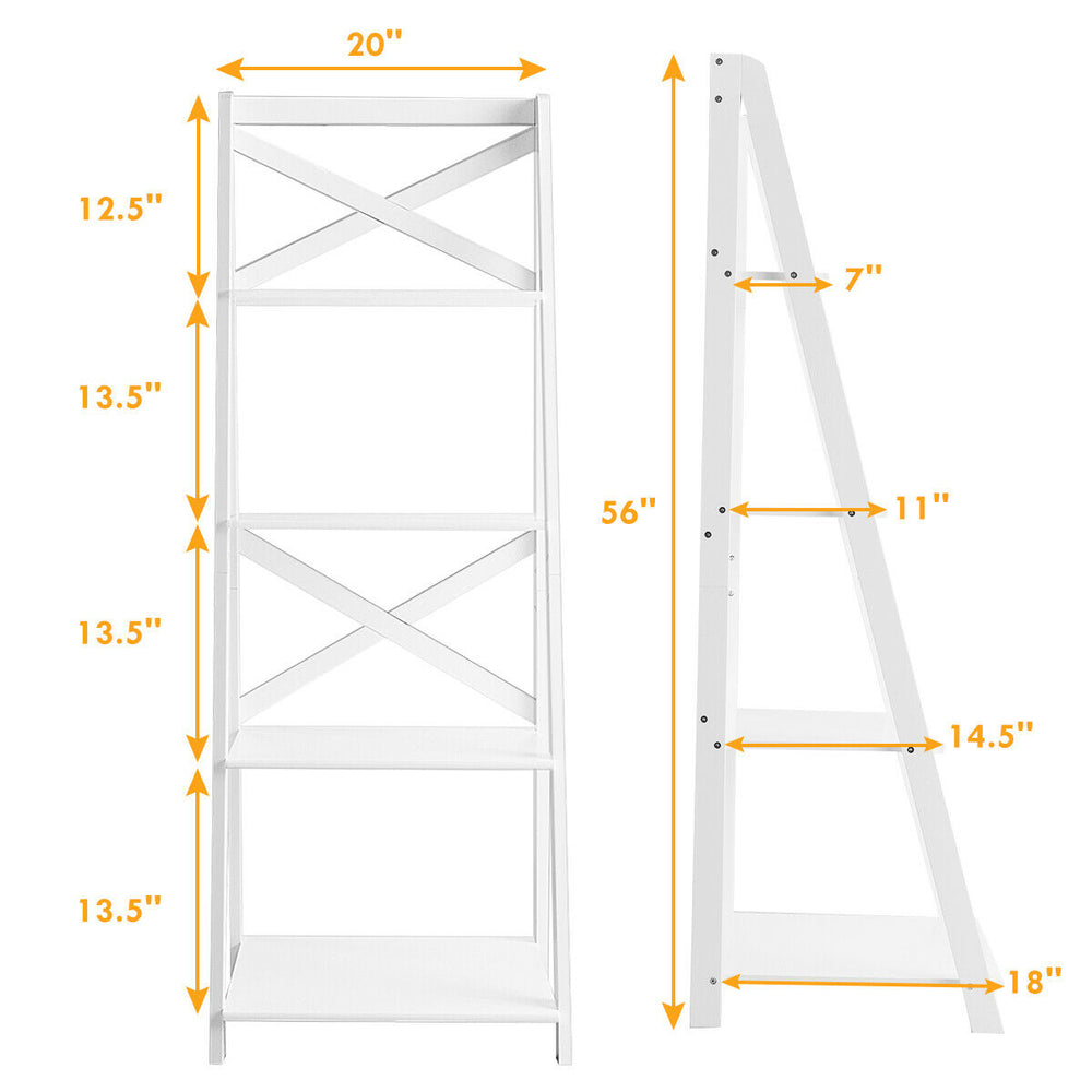 4-tier leaning ladder shelf bookcase in white, made of MDF, modern A-shaped design for home or office storage.