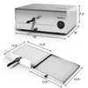 Stainless steel commercial pizza oven with removable crumb tray, chrome wire rack, and built-in temperature control.