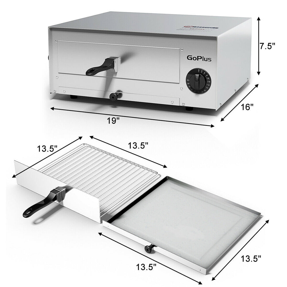 Stainless steel commercial pizza oven with removable crumb tray, chrome wire rack, and built-in temperature control.