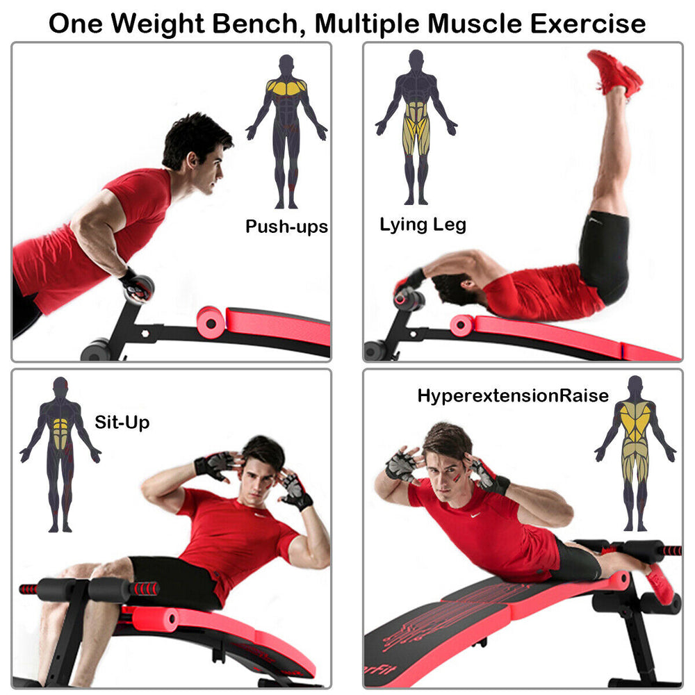 Adjustable red abdominal twister trainer bench for various exercises, targeting multiple muscle groups at home or gym.