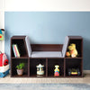 Cushioned reading nook bookcase in brown with 6 cubbies for toy and book storage, ideal for kids' rooms.