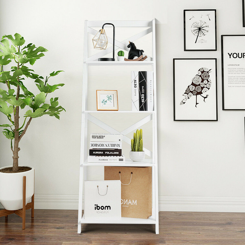 4-tier leaning ladder shelf bookcase in white with stylish A-frame design, perfect for displaying books and decor items.