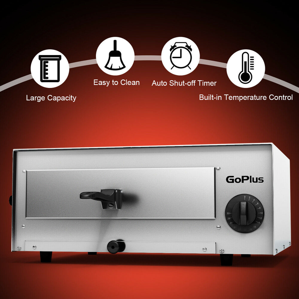 Stainless steel commercial pizza oven with built-in temperature control, 30-minute timer, and removable crumb tray.