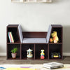 Kid storage bookcase with cushioned reading nook in brown, featuring 6 cubbies for organizing toys and books.