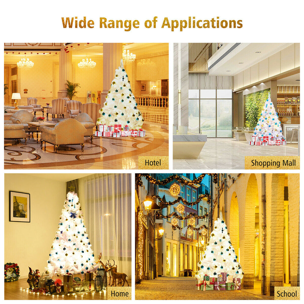 7.5 ft hinged artificial Christmas tree with thick branches, PVC material, ideal for home, office, or school decoration.