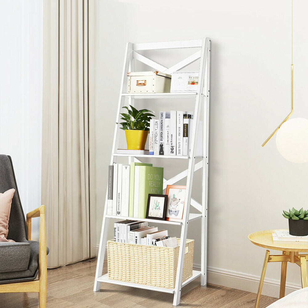4-tier white leaning ladder shelf bookcase made of MDF, perfect for organizing books and decor in home or office.