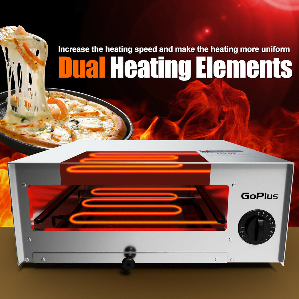 Stainless steel commercial pizza oven with dual heating elements, 30-minute timer, and removable crumb tray for easy.