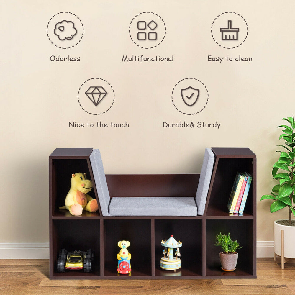 6-cubby kid storage bookcase with cushioned reading nook in brown, ideal for organizing toys and books while reading.