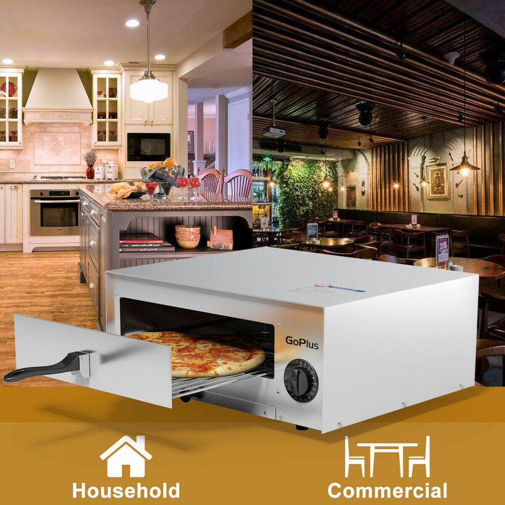 Stainless steel commercial pizza oven with a removable crumb tray, cool touch handle, and 30-minute timer for easy.