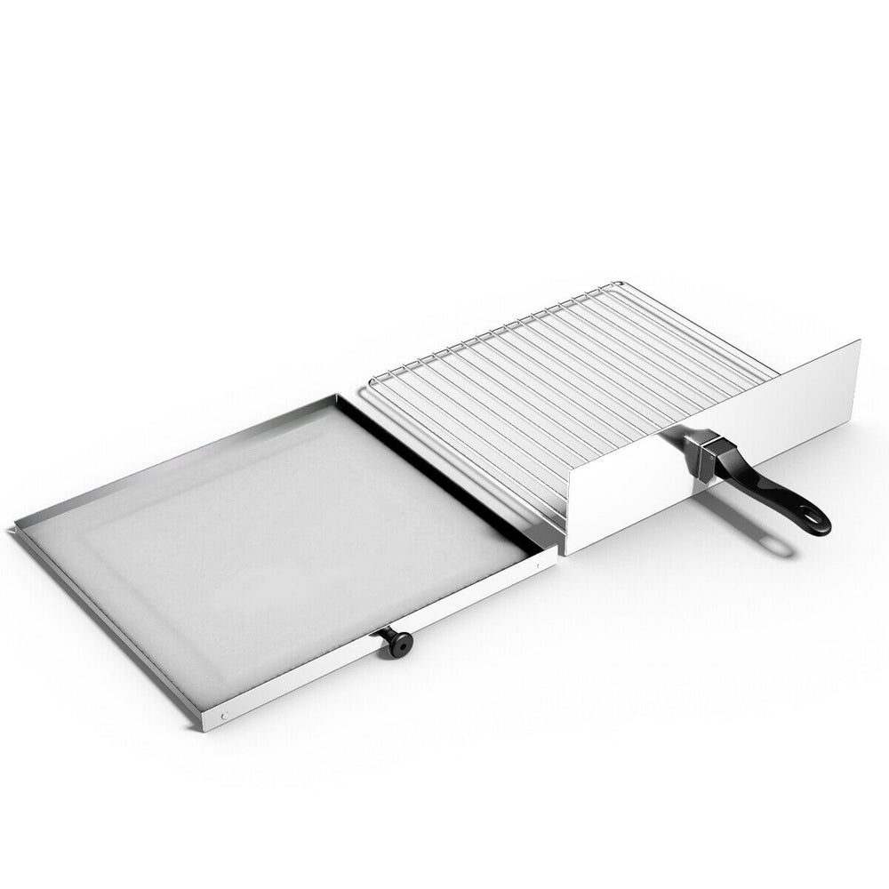 Stainless steel pizza oven with chrome wire baking rack and removable crumb tray, designed for easy cooking and.